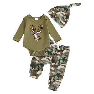 Baby Boy Hunting Season Clothes Cute Elk Embroidery Long Sleeve Romper Camo Pants Hat Set 3Pcs Casual Fall Winter