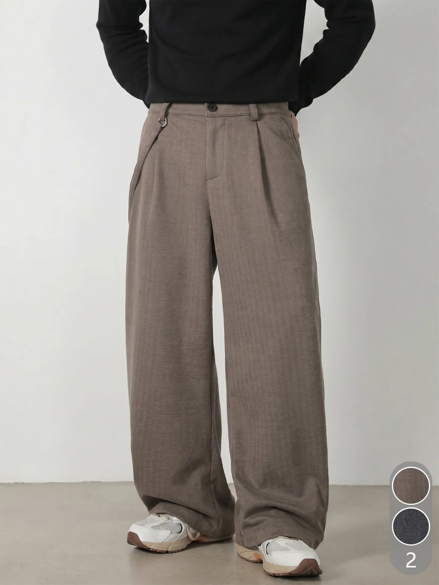 Men's Stylish Fashion Menswear Herringbone Wide-Leg Pants with Detachable D-Ring Decor Strap, Pleated Curved Cut Loose Casual Trousers for Spring Autumn Commute, D-Ring Strap, Loose-Fit, Mid-Waist