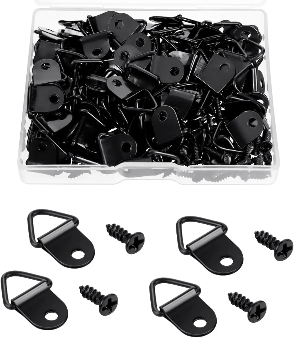 100 Pack Steel Picture Hangers with 100pcs 8mm Screws, Small Triangle Ring, Light Duty D Rings for Clock, Decoration, Mirror, Paintings, Artwork Picture Frame (Black)
