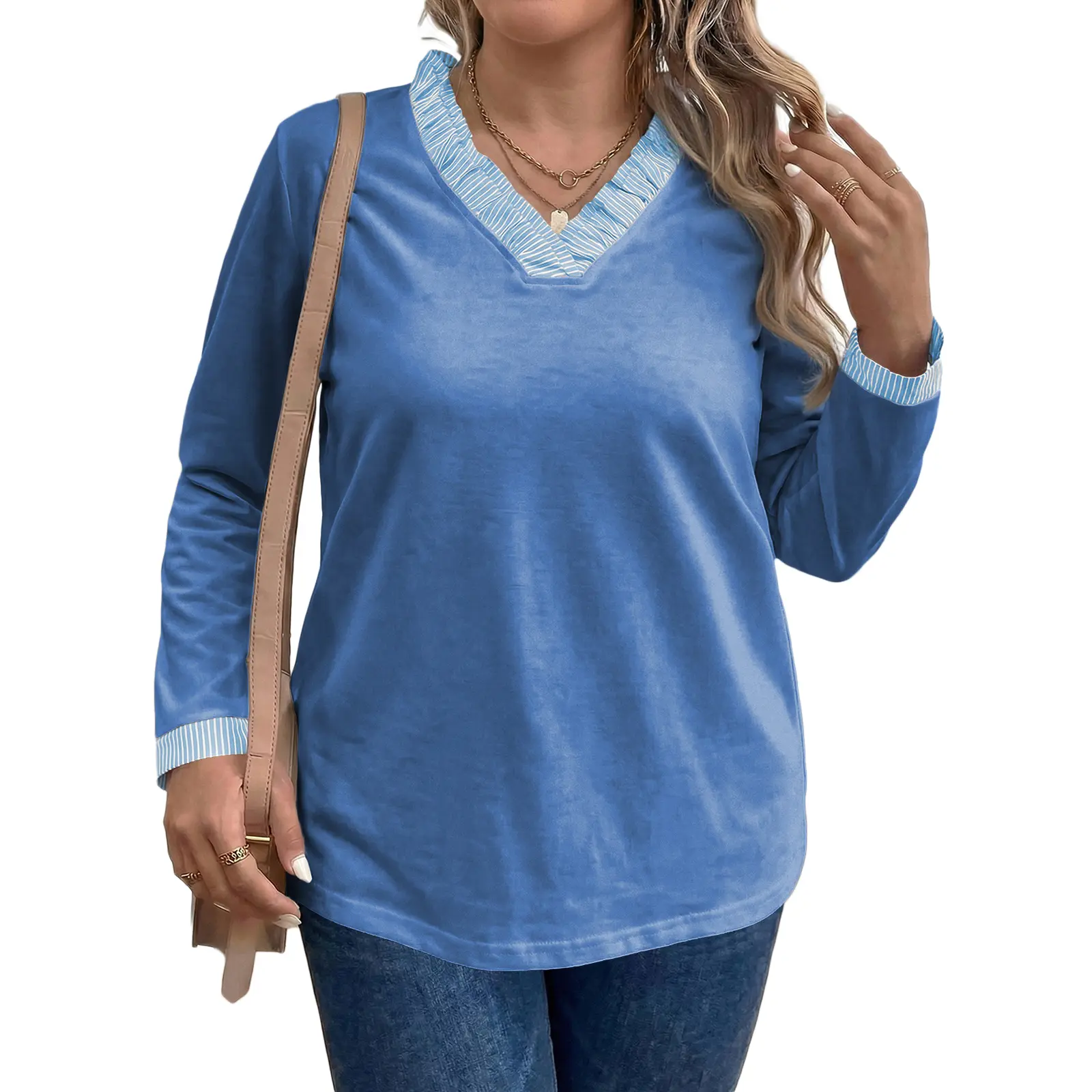 Eytino Women Plus Size Fall Fashion Stripe Patchwork Shirt(1X-5X) | Patchwork V Neck,Striped Cuffs,Long Sleeve Tunic,Loose Casual Clothes for Curvy Women