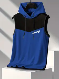 Men's Gym Workout Hooded Tank Top, Breathable Lightweight & Moisture-Wicking, Trendy Athletic Style, Running Print, Adjustable Hood, Athletic Style Activewear