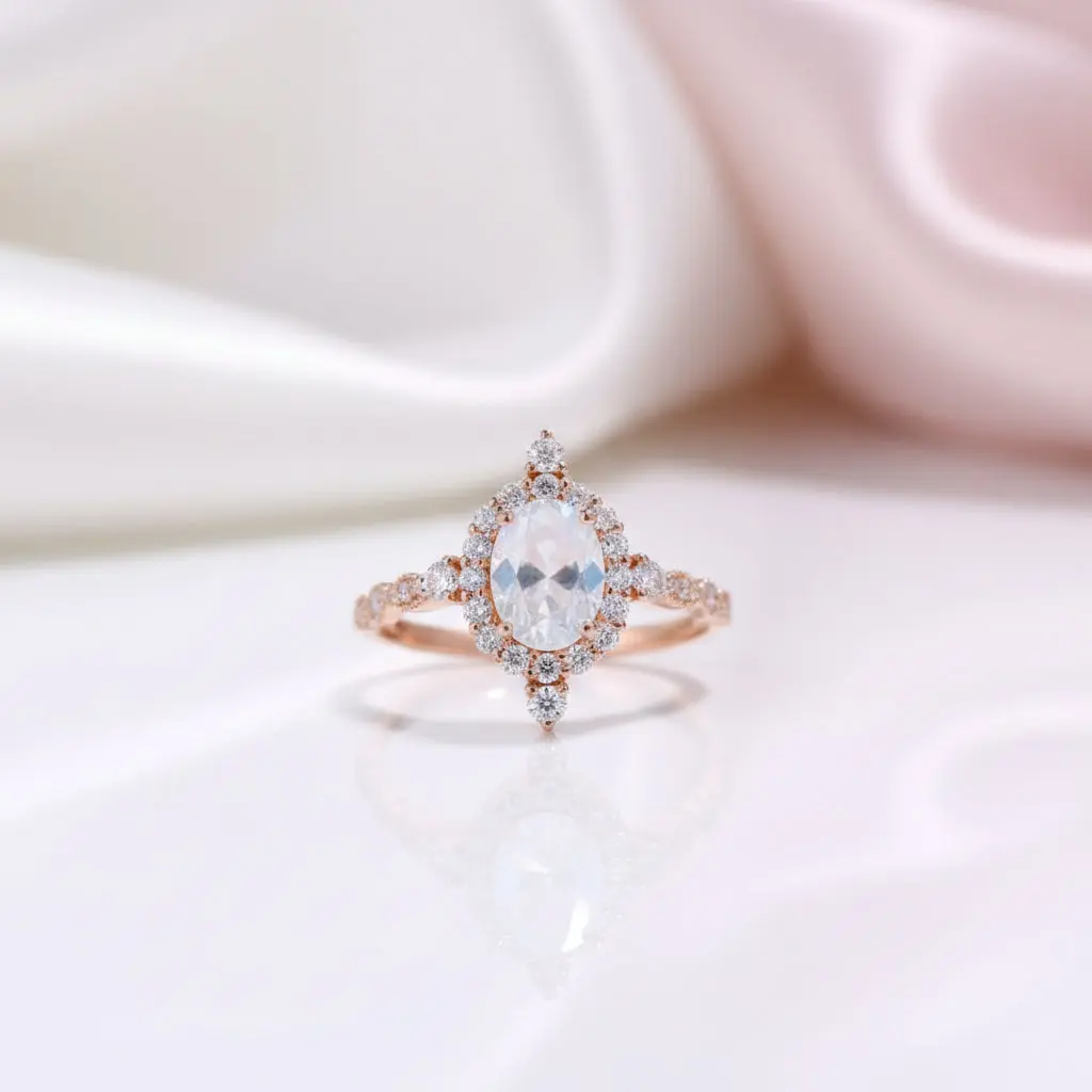 14K Rose Gold Moonstone and Diamond Option Halo Engagement Ring