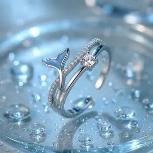 925 Sterling Silver Mermaid Tail Ring | Blue Enamel CZ Open Ring | Adjustable Ocean Jewelry for Women | Magical Sea Gift