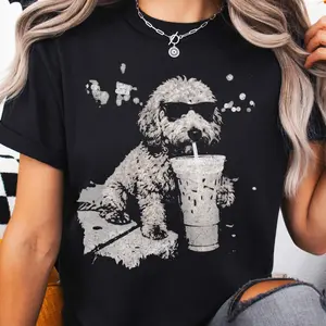 Goldendoodle Y2K Graphic Tee, Funny Dog Drinking Iced Coffee Youth Shirt, Dog Dad Golden Doodle T-Shirt for Men, Women and Kids