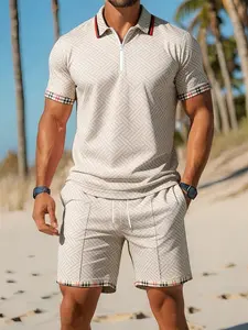 Summer Men's Casual Striped Patchwork Set with Short Sleeve Polo Shirt and Shorts, Fitted Half-Zip Tropical Beachwear for Daily and Sports Wear