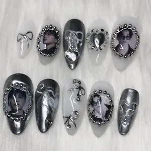 Custom Kpop Press On Nails - Custom Photo Design, Chrome Silver Finish, Pearl Accents - Beauty Nail Art Decoration Accessories