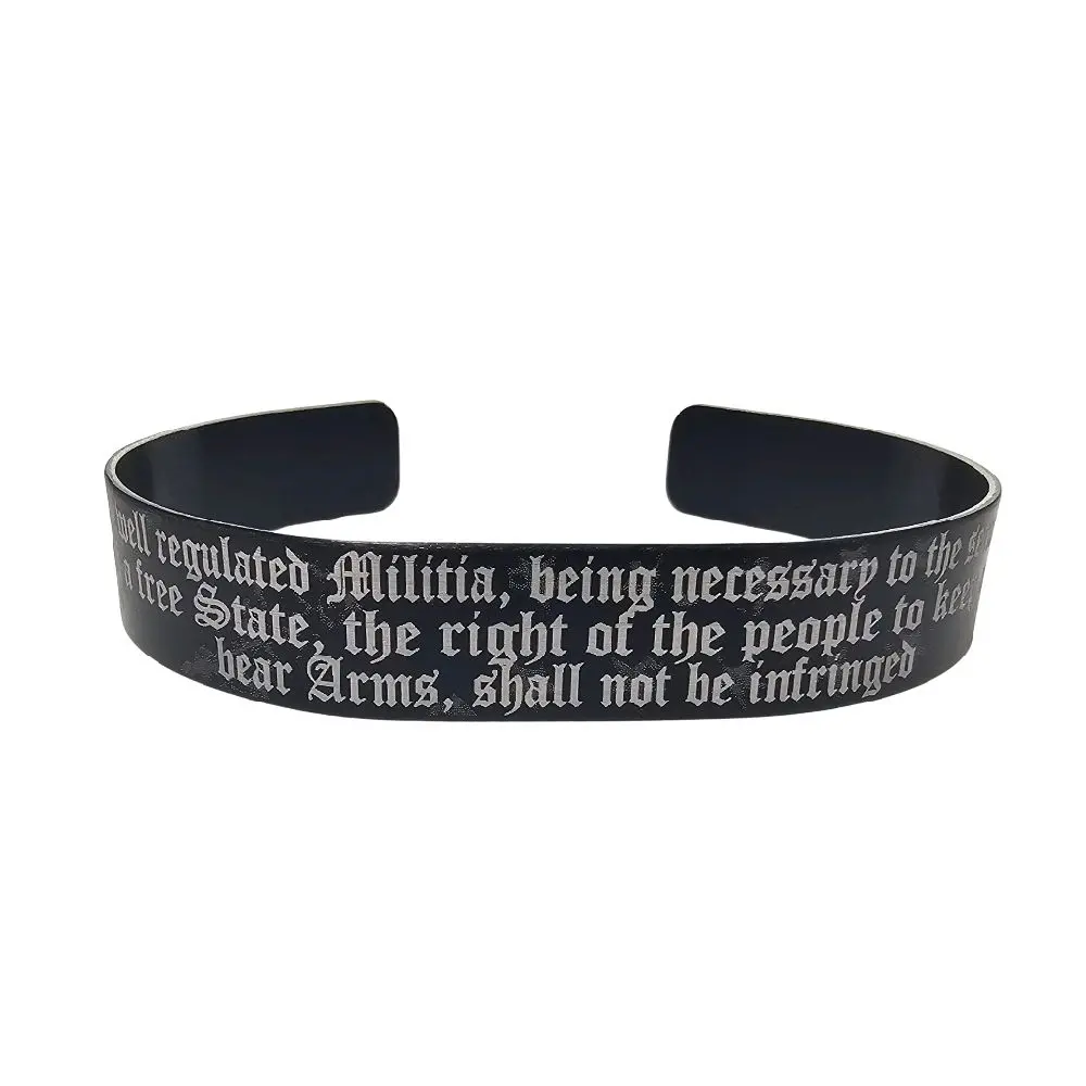 2nd Amendment Freedom Bracelet Engraved Aluminum Cuff with Gothic Script & American Flag Design Patriotic & Durable Made in USA