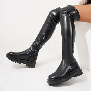 Women's  Boots Over-The-Knee Chunky Platform Boots Elastic Faux Leather Knee High Booties for Daily Wear