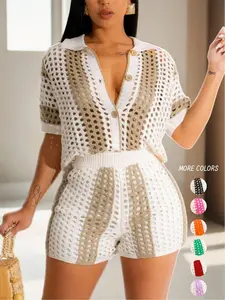 Women's Hollow Out Button Front Top & High Waist Shorts Set, Summer Clothes, Casual Colorblock Striped Print Short Sleeve Collared Top & Shorts, Summer Outfits
