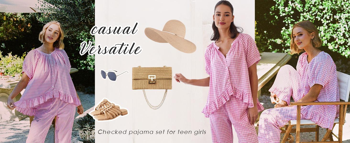 Loveimgs Women's Plaid Two-Piece Pajama Set (Short-Sleeve Babydoll Top + Long Pants) — Cute & Casual Loungewear