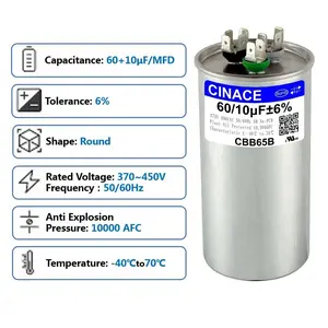 CINACE Dual Run Capacitor 60/10uF 60/10MFD CBB65 for Air Conditioner AC Motor Fan Condenser Heat Pump HVAC Ice Maker 370/450VAC 50/60Hz