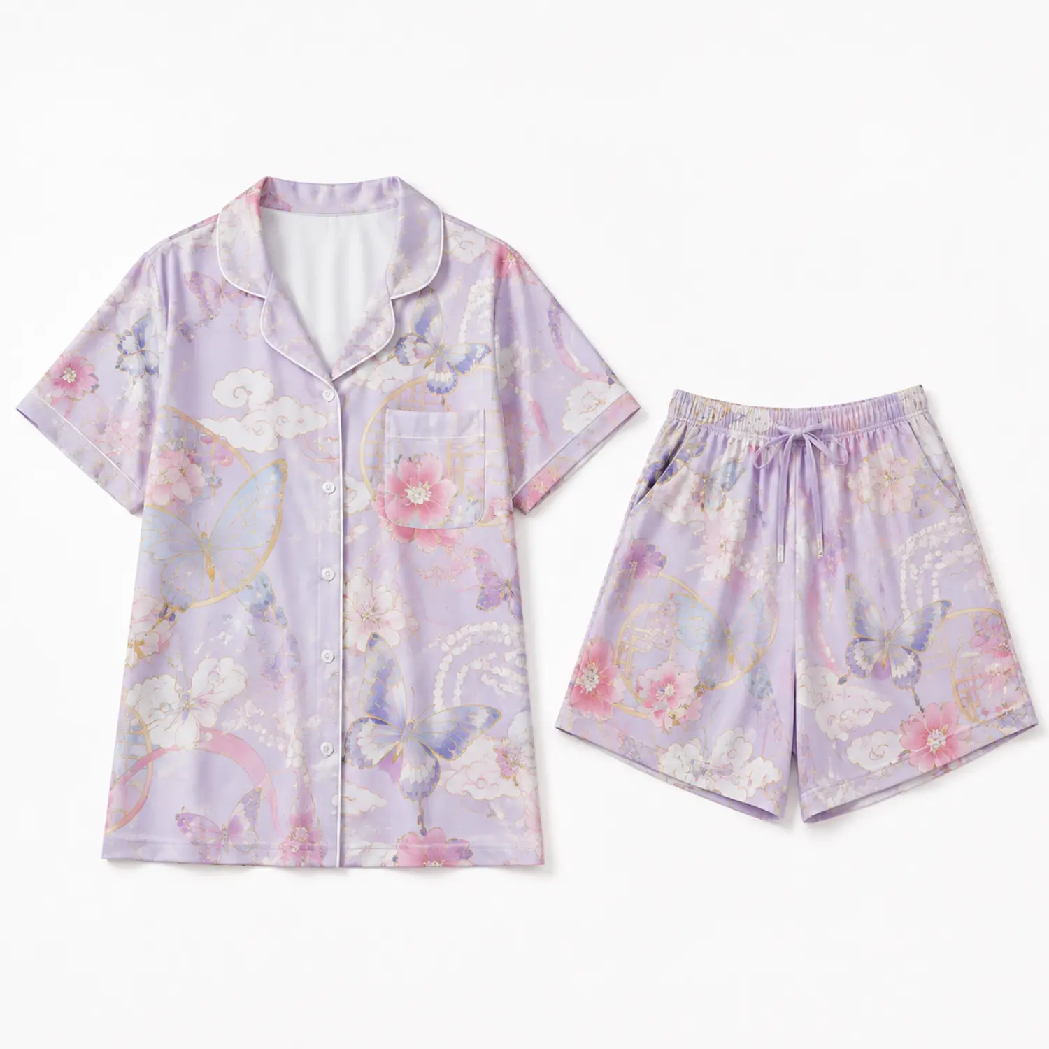 Lavender Floral Two-Piece Pajama Set, Short Sleeve Button Front Sleep Shirt with Pocket and Matching Drawstring Shorts for Relaxing Nightwear