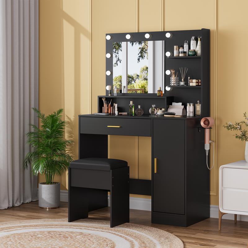 Vanity Desk with Lighted Mirror & 3 Lighting Modes, Adjustable Brightness, Large Drawers & 3-Tier Storage Dresser, Modern Natural Vanity Set for Bedroom, Waterproof, Quick Setup, Sturdy Stool