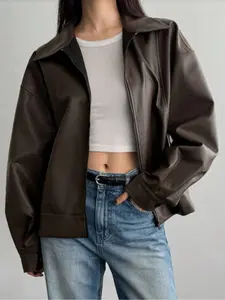 Unisex Casual Large Collar Zipper Motorcycle Jacket, Faux Leather Biker Coat, Stylish Men's & Women's Outerwear