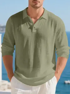 Men's Loose-Fit Classic Casual Linen V-Neck Henry Plain Shirt, Long Sleeve Breathable Tropical Top for Spring & Fall, Trendy American Style