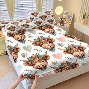 3pcs Grassland Animal Bedding Set, Cute Highland Cow Pattern Fitted Sheet Set, Bedding Sheets, Heart-Shaped Flower Design, Suitable for Girls' or Children's Bedroom Bed Decoration, Soft and Comfortable, Including 1 Fitted Sheet and 2 Pillowcases