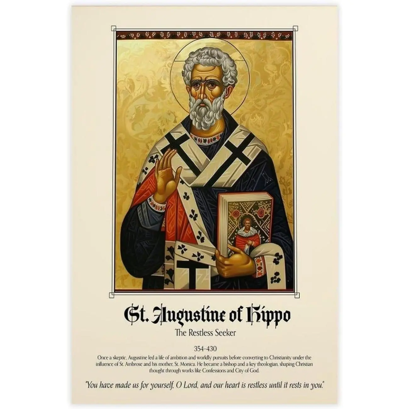 ZCXH Artistic St. Augustine of Hippo Catholic Saint Image Wall Print, Home/Office Decoration Canvas Poster, 24x36inch (60x90cm) Gift for Bedroom & Office, Painting