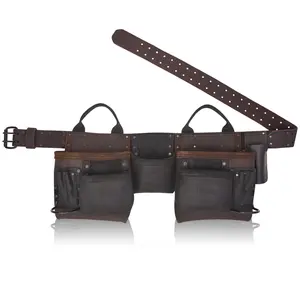 Trutuch Heavy Duty 11-Pocket Leather Carpenter Tool Belt with 2 Hammer Holders & Brass Rivets for 29-46 Inch Waist Brown Genuine Grain Leather Framing Tool Belt