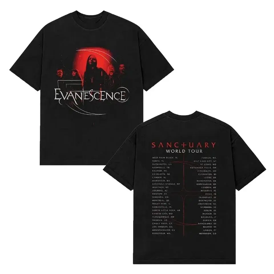 Evanescence Sanctuary World Tour Unisex T-Shirt, Black Red Moon Both Sides Printed Graphic Tee, Perfect Rock Gift for Fans
