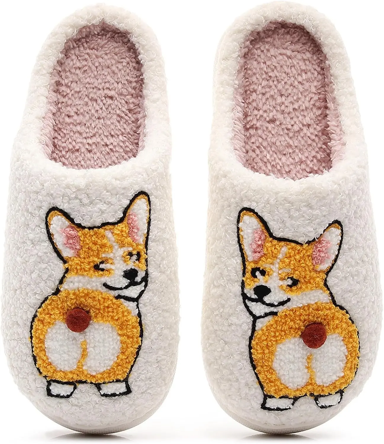 Women's Cute Corgi Themed Plush Slippers - Shoe, Footwear, Slide with Double Pom-Pom Bell Detail, Cosy Fluffy Indoor Slippers