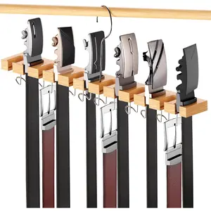 Belt Hanger for Closet Max 42 Belts, 2-in-1 Wall Mount Belt Organizer with 360° Rotating Hooks, Wooden Tie and Belt Rack for Closet Accessories Organizers and Storage, 12+11 Storage