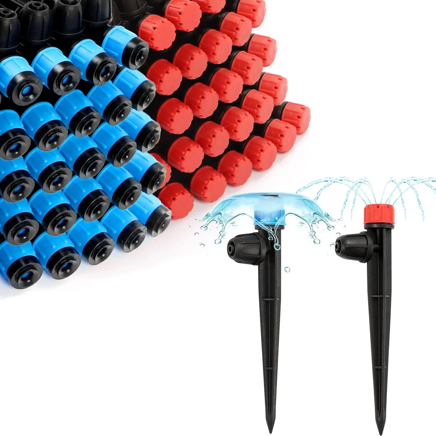 50 count Drip Emitters for 1/4" Drip Irrigation Tubing, 25 count Vortex Emitters and 25 count Stream Emitters Adjustable 360  Full Circle Drip Emitters with Stake