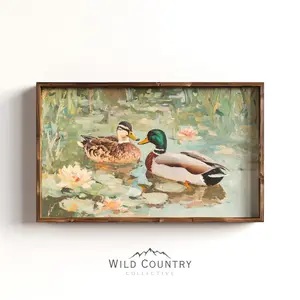 Love Birds Mallard Ducks Oil Painting, Gift for Couples, Vintage Duck Poster Unframed , Farmhouse Decor, His & Hers Gift, Mallard Duck Nursery Wall Art