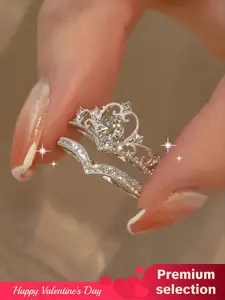 Proposal 2pcs/set Minimalist Elegant Plain Rhinestone Decor Crown Design Engagement Rings, Wedding Rings, Fashion Wishbone Ring Matching Rings Accessories for Women & Girls, Valentine's Day, Gift