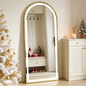 32"x72 Arched Full Length Mirror with LED Lights, Standing or Wall-Mounted Full Body Mirror with Stand, Dimmable 3-Color Lighted Floor Mirror for Bedroom, Dressing Room