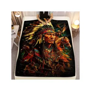 Vibrant Native American Chief Feather Headdress, Horses & Eagle Flannel Throw Blanket