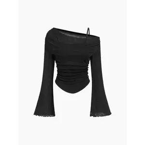 Cider Asymmetrical Neck Ruched Lettuce Trim Tee