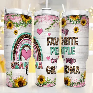 "My Favorite People Call Me Grandma" 40oz Tumbler with Handle, Insulated Stainless Steel Travel Mug, Sunflower Leopard Rainbow Design, Mother's Day Gift for Grandmother, Reusable Cup with Straw