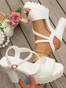 Women's Open Toe Thick Sole High Heel Sandals, Cross Ankle Strap Chunky Heel Waterproof Platform Shoes for Wedding Party Dress