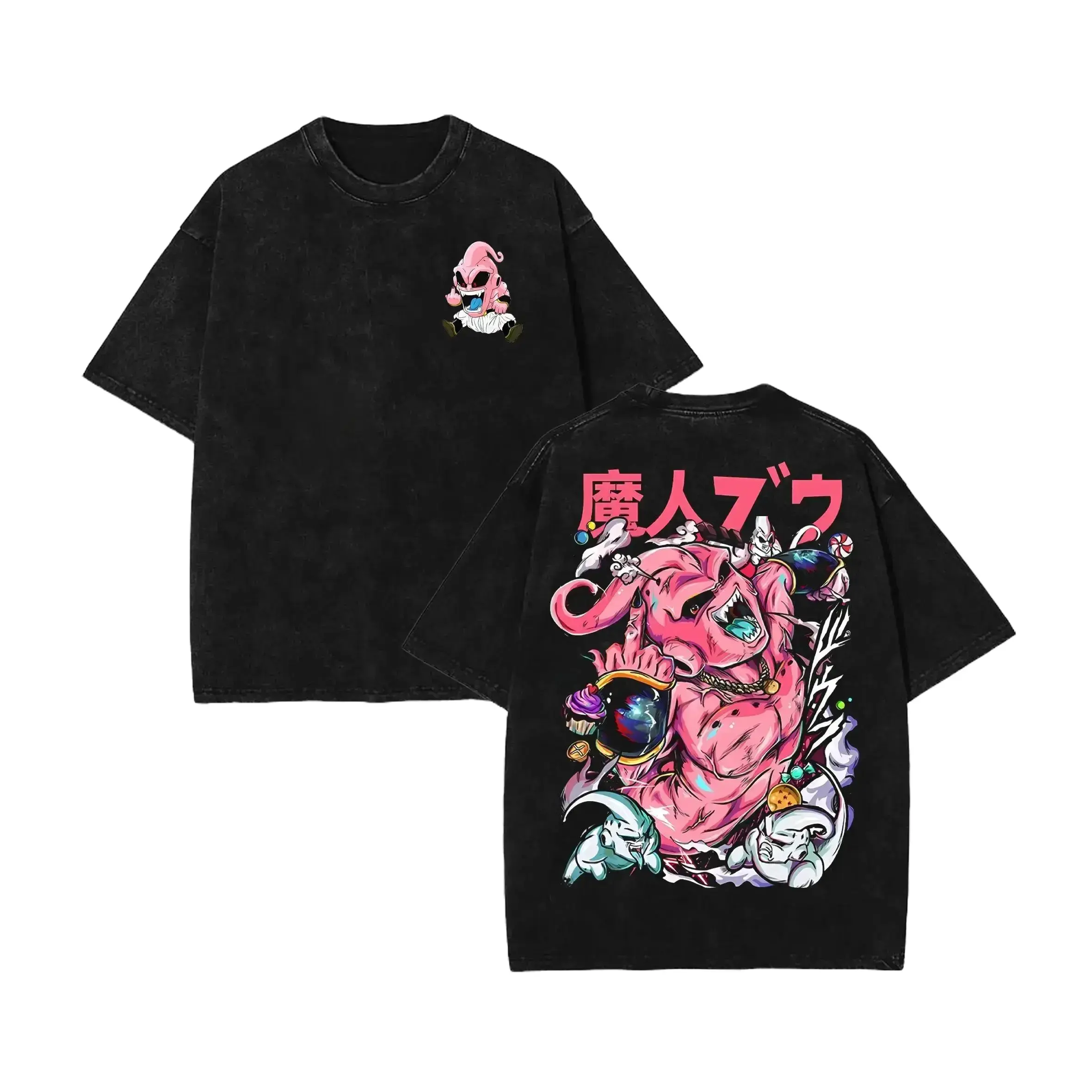 Majin Buu Graphic T-Shirt, Casual Vintage Washed Cotton Tee, Unisex Round Neck Short Sleeve Double-Sided Anime Streetwear Top, Shortsleeve, Tshirt, Anime Art Print Women's T-Shirts, Majin Buu Graphic Women's T-Shirts