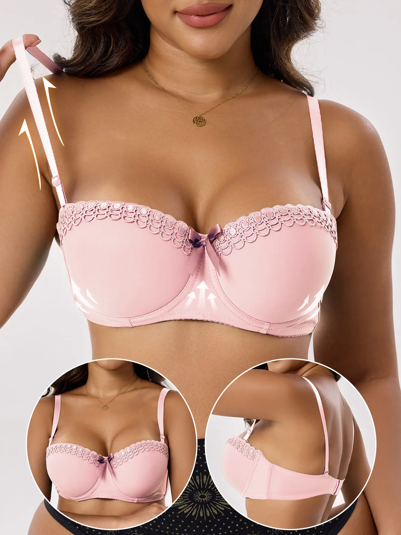 Women's Plus Size Lace Balconette Bra - Underwire Push-Up Bra with Full Coverage, Side Support, Armpit Fat Gather & Adjustable Straps for Everyday Comfort