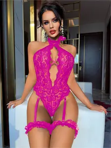 Lace Women's Bodysuit, Classic Sexy One-Piece Lingerie, No Underwire, 3-Piece Set [Bodysuit + 2 Leg Garters] altgirl women's clothing