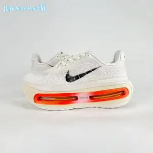 Air cushion platform running sneakers feature full-length transparent shock air midsole, crafted from sheer breathable woven knit mesh, creamy off-white knit upper with gradient orange-red air cushion inserts, ultra-light thick sole build