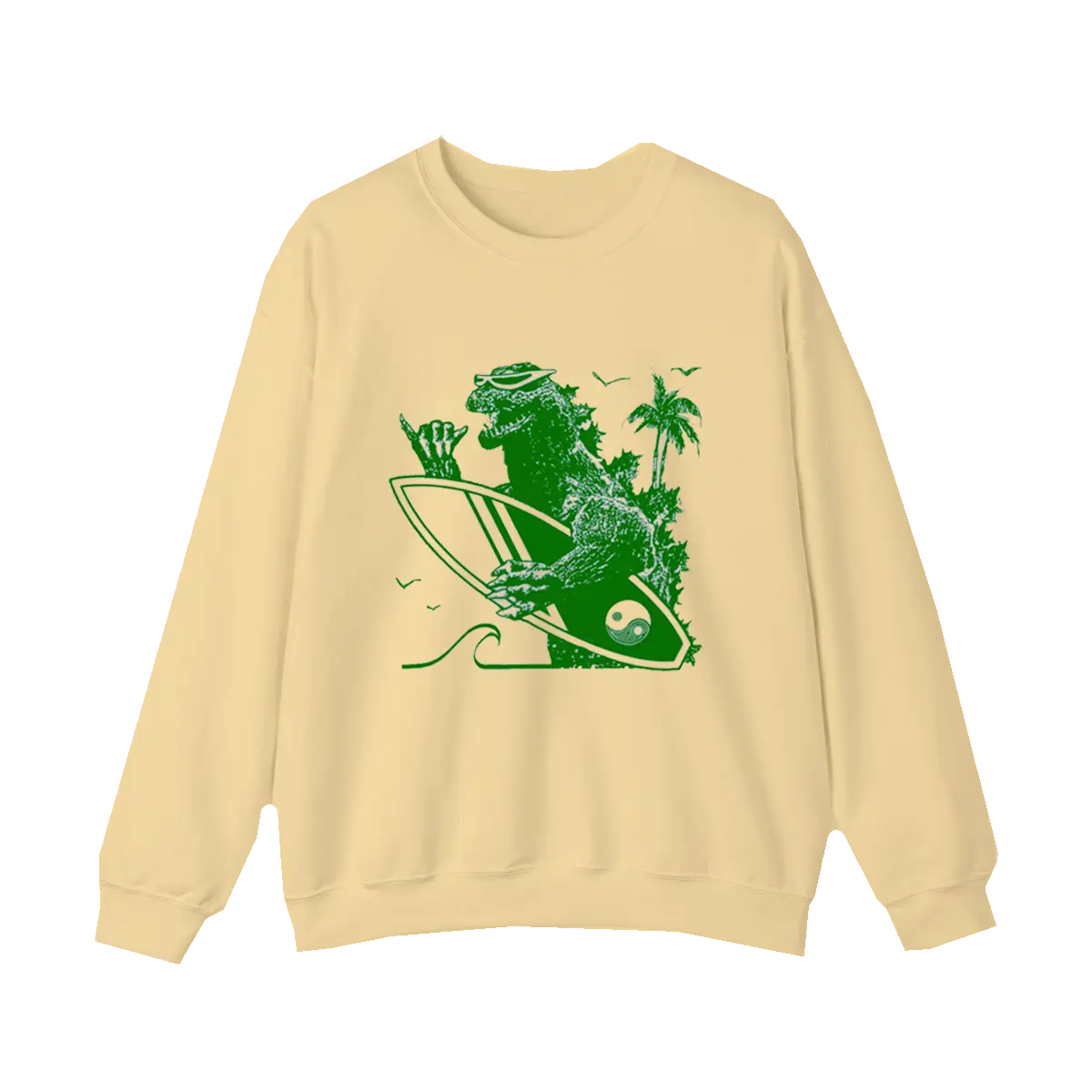 Godzilla Surfing Cool Surf Surfboard Retro Graphic T-Shirt - Basic Cotton Sweatshirt- Streetwear Soft Collar Fabric