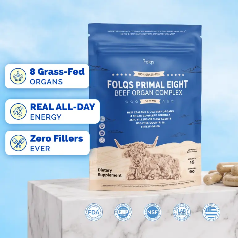 Folqs Primal 8 Grass-Fed Beef Organ Complex - 8 Whole Organs (Bone Marrow, Lung) - 60 Unflavored Capsules, Daily All-Day Energy Supplement