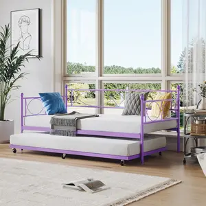 Garvee Twin Daybed with Trundle, Metal Day Bed, Sofa Bed Frame with Arched Headboard, Steel Slat Support, Sofa Day Bed for Living Room, Bedroom, Space Saving, Purple