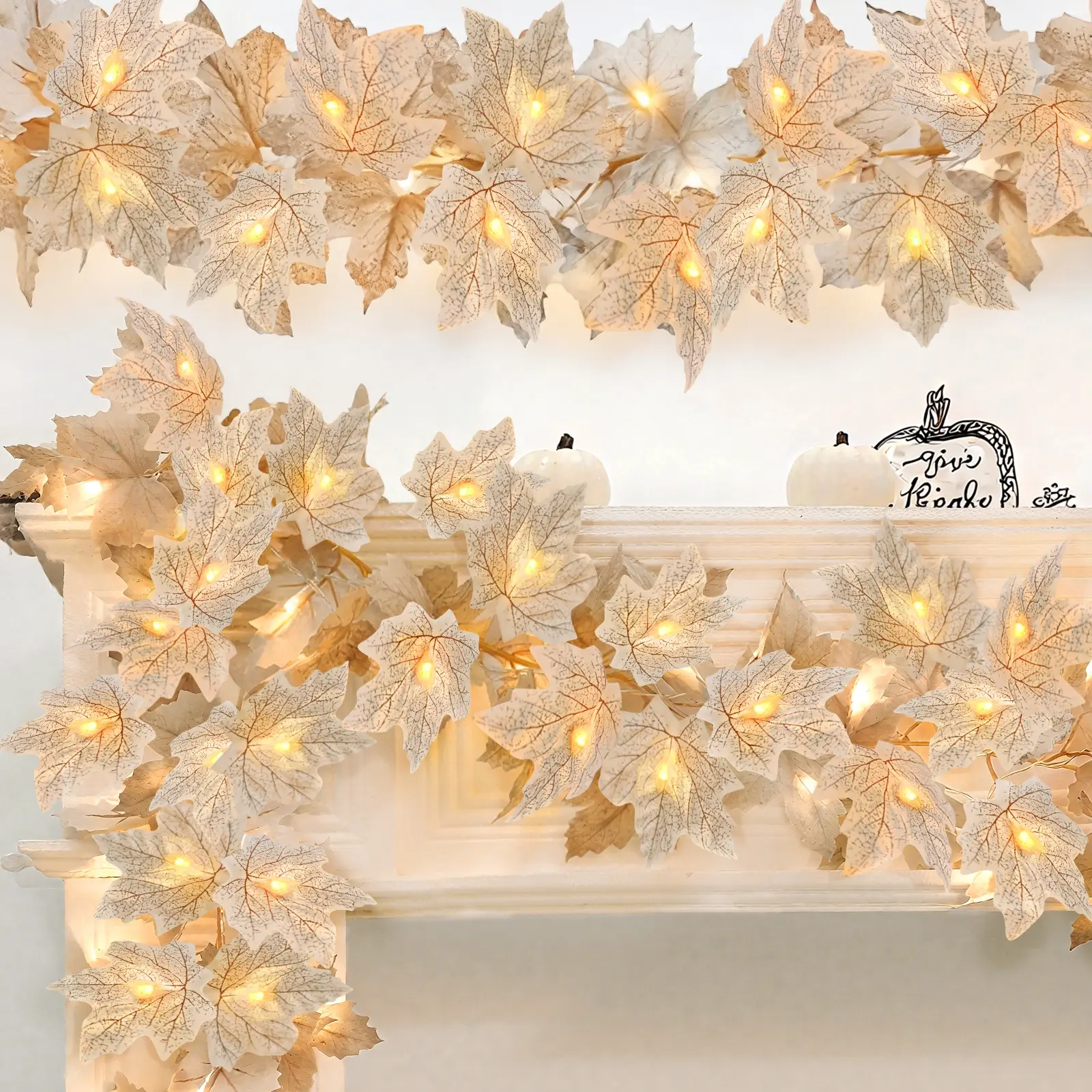 3 Pack Fall Decor - Fall Garland with Lights Fall Decorations for Home, Total 20Ft 60LED Thick Lighted Maples Leafed Autumn Garland Wedding Harvest Fireplace Party Christmas Thanksgiving Decorations