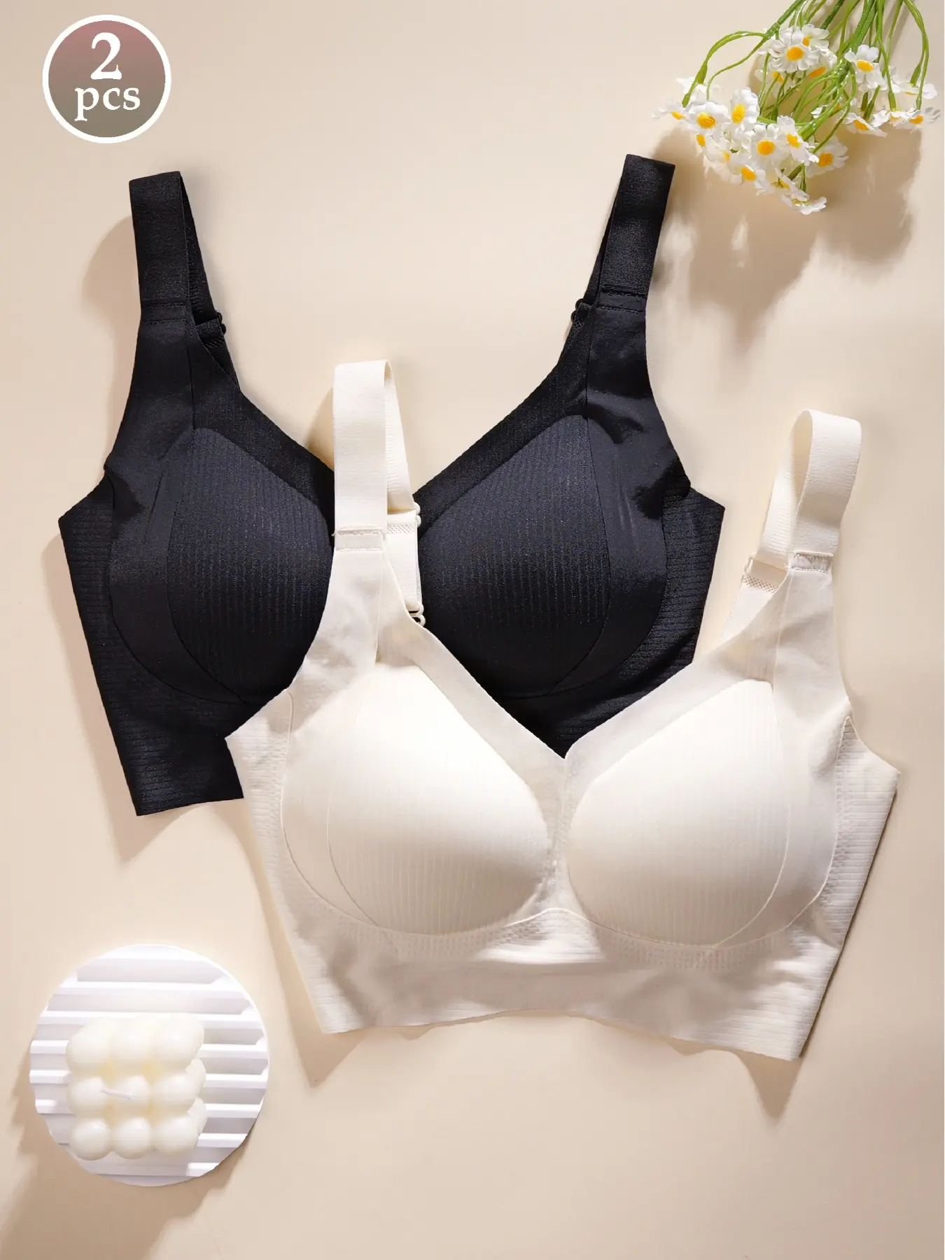 2 PCS-Women's Wireless Medium Bralette, Womenswear, Casual, Ribbed Design, Effective Lift & Shape, Comfortable Fit, All-Day Wear, Flattering Curves, without the constraint of underwire, Non Underwire Wireless Bras