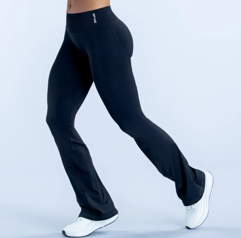 (With Logo）DFYNE High Waist Butt Lifting Flare Leggings, Seamless Tummy Control Bootcut Workout Pants, Soft Stretchy Athletic Yoga Flare Pants for Gym Daily