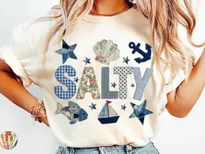 Salty Coastal Vibes Summer Patchwork T-shirt.