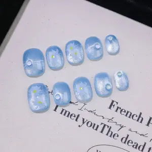 Luxury Nail Freedom! Ice Blue Cat Eye Press On Nails, Reusable, Get Fresh Nails In 5 Mins, No Salon Needed