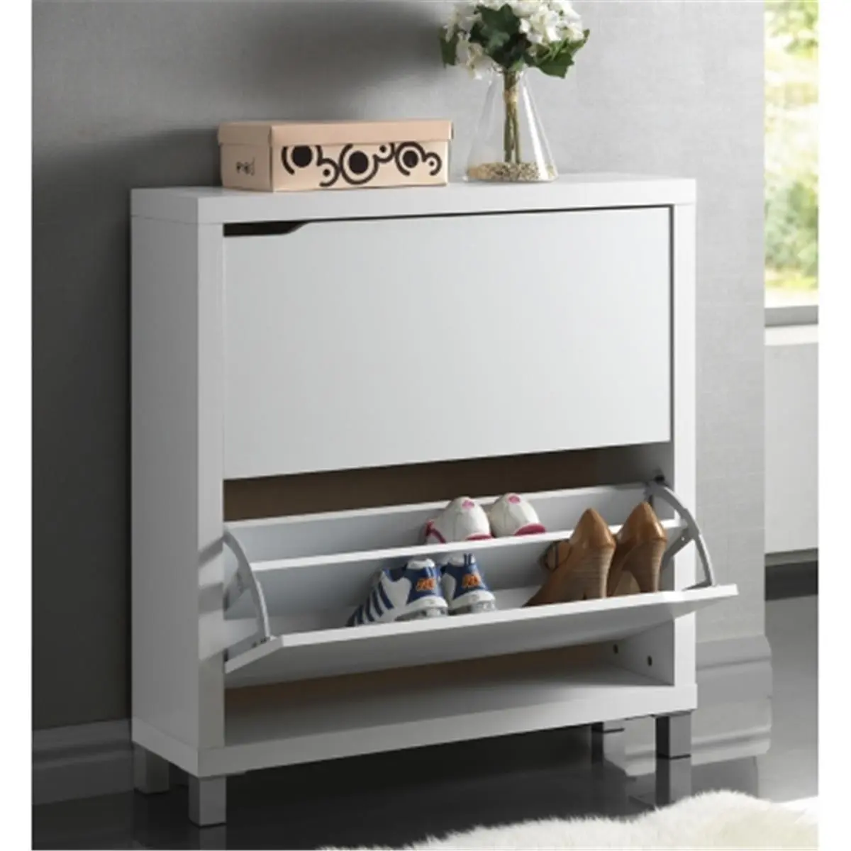 Simms White Paper Veneer Engineered Wood Shoe Storage Cabinet - Low-Profile Space Saver Cabinet, Drawer-Equipped Wall-Mountable Aesthetic Organizer (Wholesale Interiors FP-2OUS-White)