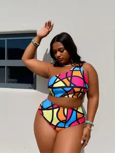 Tummy Control High Waist Bikini for Beach Confidence Women's Swimsuits Set that Smooths & Lifts Plus Size Stained Glass Print One-Shoulder Bikini Set tankini