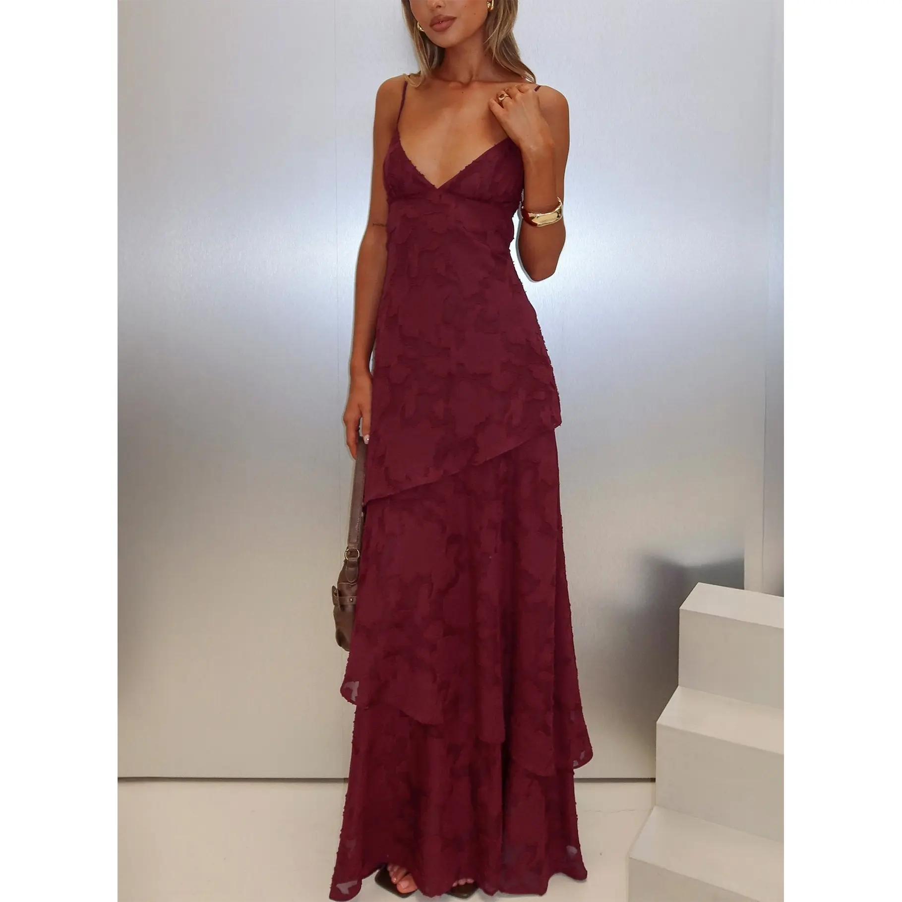 Lyricah Tiered Tie Back Maxi Dress Burgundy
