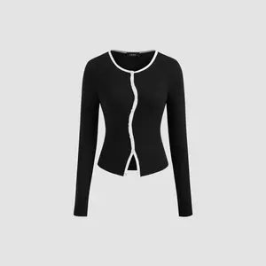 Cider [size 2-24] Round Neckline Solid Asymmetrical Button Long Sleeve Top