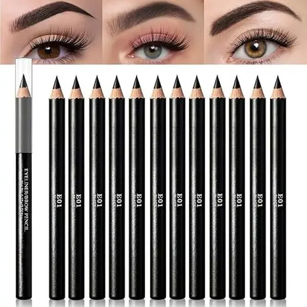 Eyebrow Pencils for Women, 12Pcs Hard-Core Wooden Eye Brow Eye Liner Pencils for Beginner Makeup, Black Coffee Brown Colors, Waterproof & Sweat-Proof (Black-12 Pcs-E01)